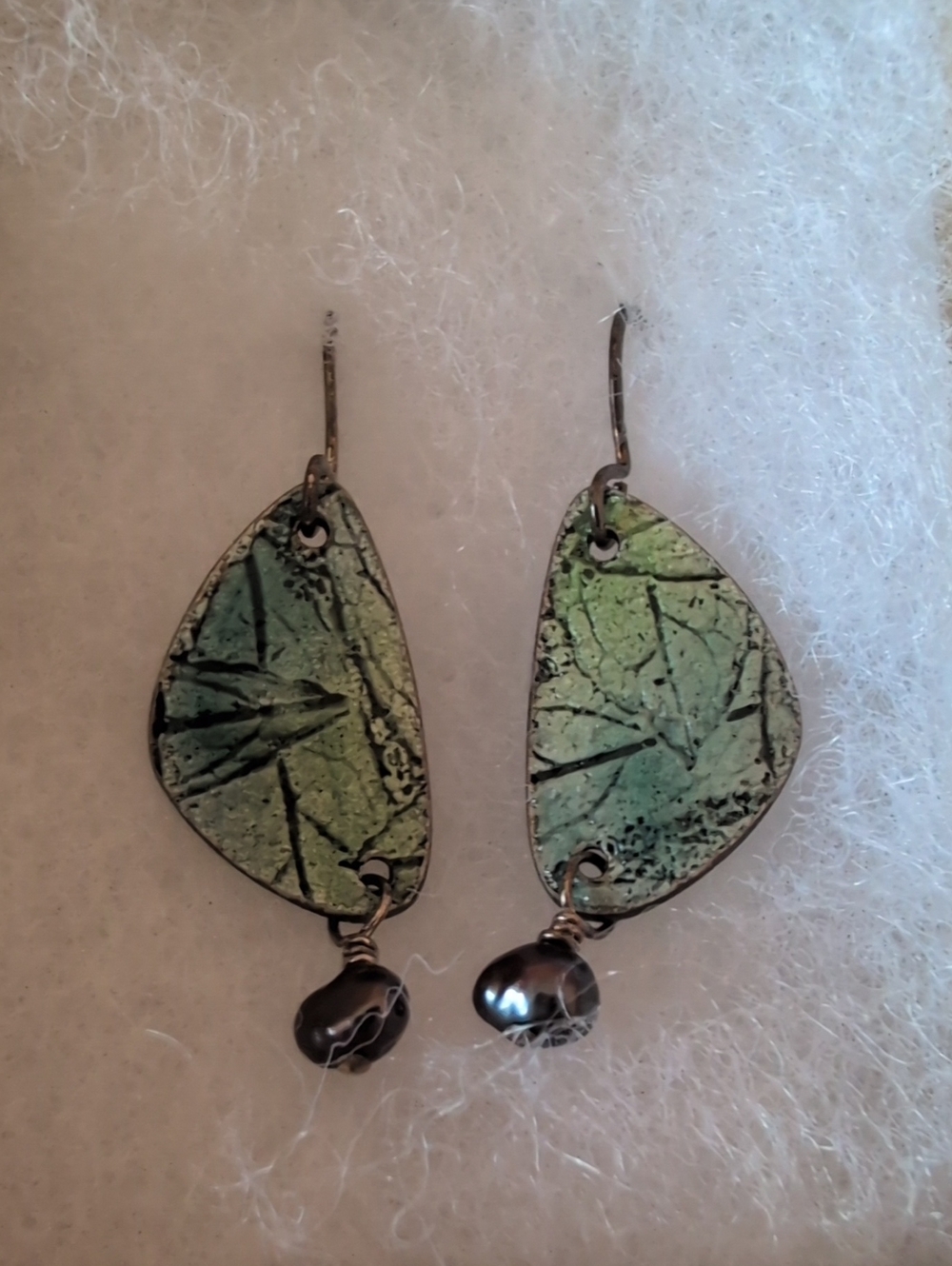 Fine Silver & Green Fused Glass Leaf Drop Earrings with Pearl Accent